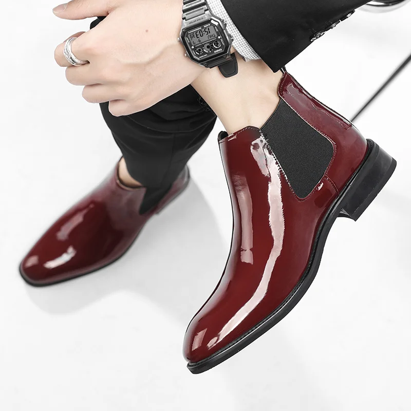 Chelsea Boots for Men Patent Leather Black Buckle Ankle Round Toe Business Classic Handmade Men Short Boots Botas De Hombre