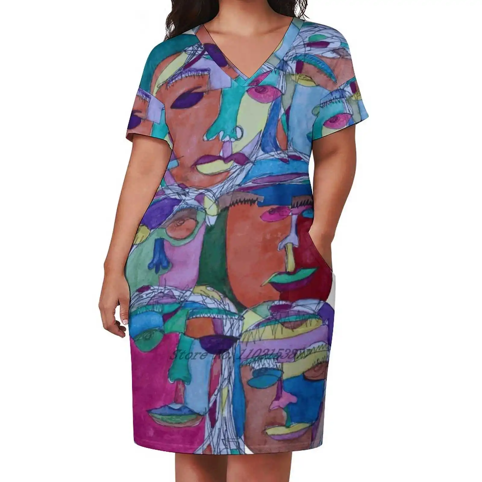 

Abstract Faces Loose Pocket Dress Print Short Sleeve Dresses V-Neck Dress 5Xl Abstract Faces Watercolor Unique Colorful Artists