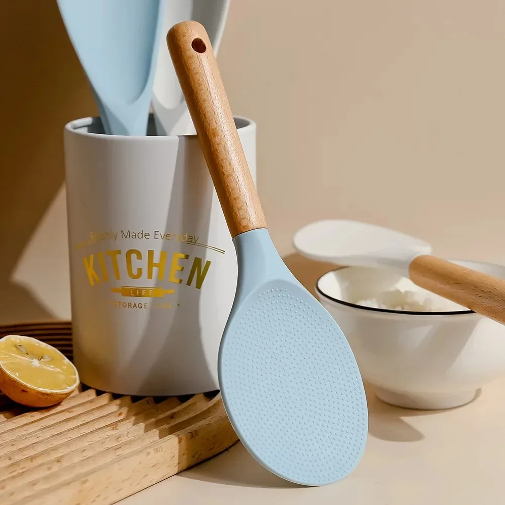 Silicone Rice Shovel Spoon Kitchenware with Long Wooden Handle Household Non-stick Big Cooking Spatula Scoop Kitchen Gadgets