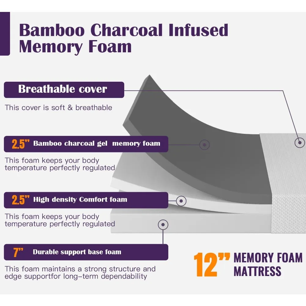 12 Inch Bamboo Charcoal Cooling Gel Memory Foam Mattress in a Box, Medium-Firm Support, Fiberglass-Free Design for Pressure Reli 4