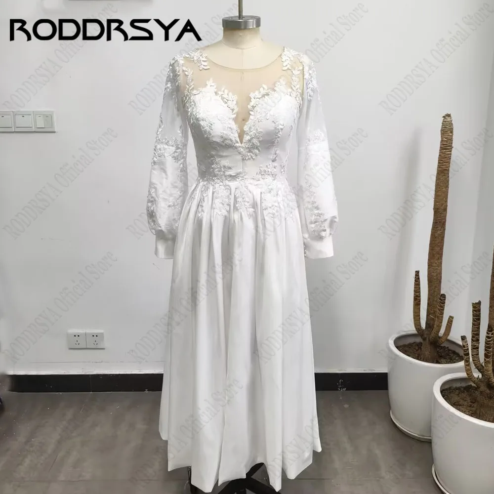Roddrsya Vintage Strand kurzes Brautkleid für Frau elegante lange Ärmel U-Ausschnitt Brautkleid Zivil A-Linie Robe de Mariee Vintage Strand kurzes Brautkleid für Frau elegante lange Ärmel U-Ausschnitt Brautkleid Zivil – Detail 3
