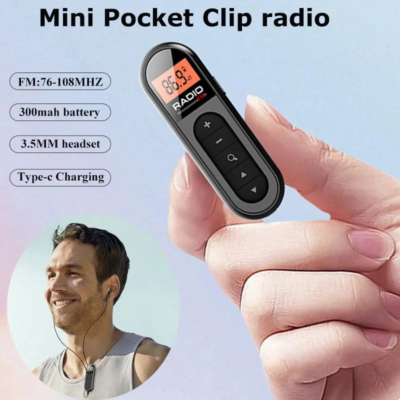 

Portable Mini FM Radio Back 3.5mm Headphones for Sports Running Hiking Clip DSP Radios Receiver Rechargeable with LCD Display