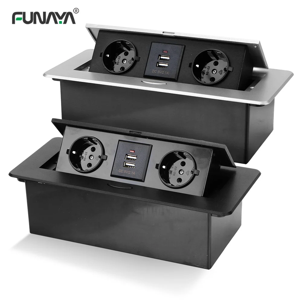 

Desktop Socket Table Outlet 2 3 EU Socket With USB Charging Slow Pop Up Aluminum Alloy Cover For Meeting Room 265x117x5mm