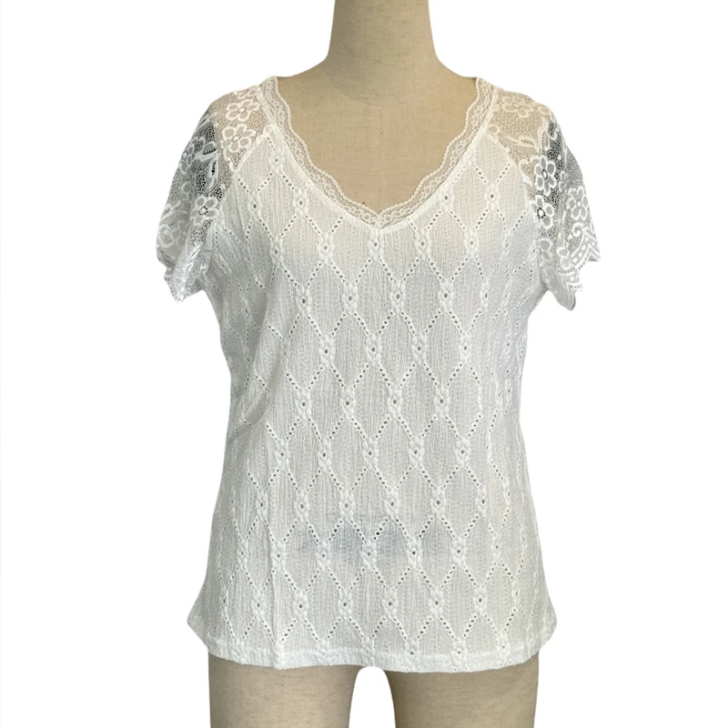 Women White Lace V Neck Short Sleeve Blouse