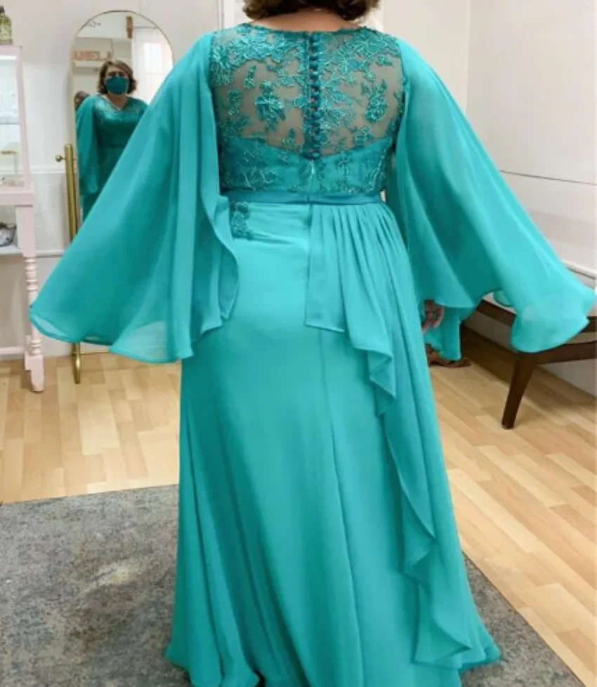 

Cape Long Sleeve Floor Length Chiffon Wedding Guest Dress 2024 Sexy V Neck Lace Plus Size Turquoise Mother Of The Bride Dress