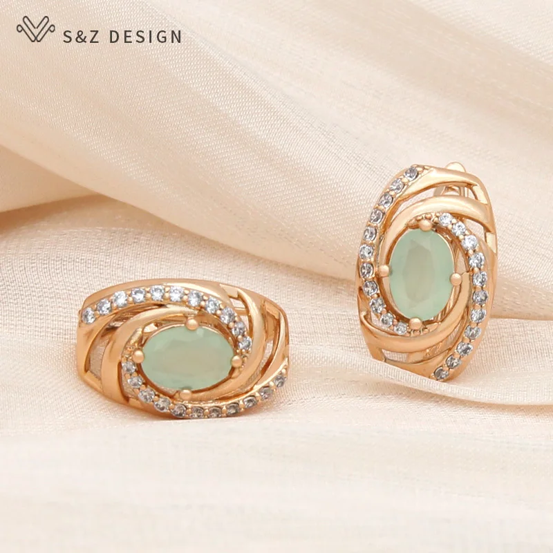 S&Z DESIGN New Fashion Symmetry Egg Shape Oval Crystal Drop Earrings For Women Elegant Champagne Gold Color Cubic Zirconia