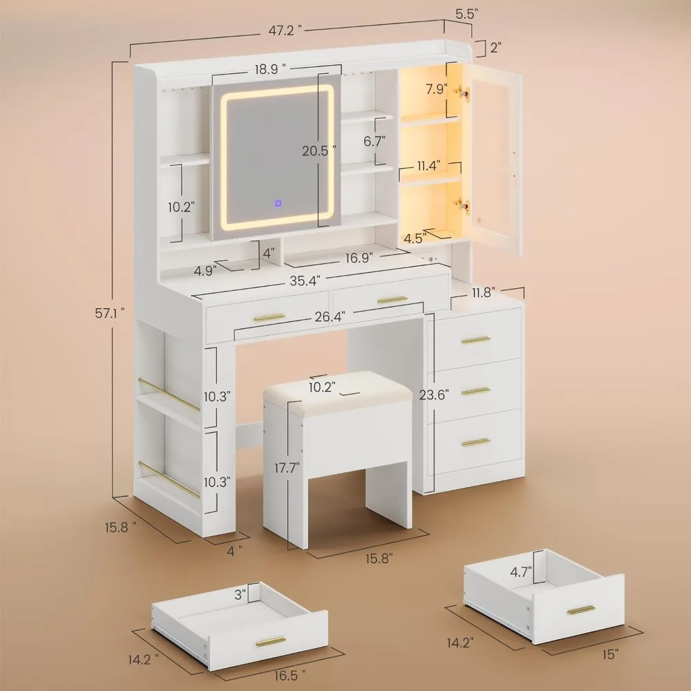 Makeup Vanity Desk with Sliding LED Lighted Mirror, 47.2"W Large Vanity Desk with Drawers, Shelves and Side Storage, 6