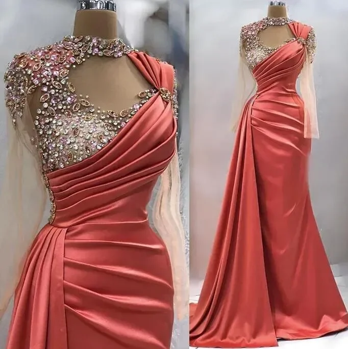 

Coral Evening Dresses illusion Long Sleeves Luxury Beaded Mermaid High Neck Arabic Dubai Stain Prom Occasion Gown Vestidos 2024