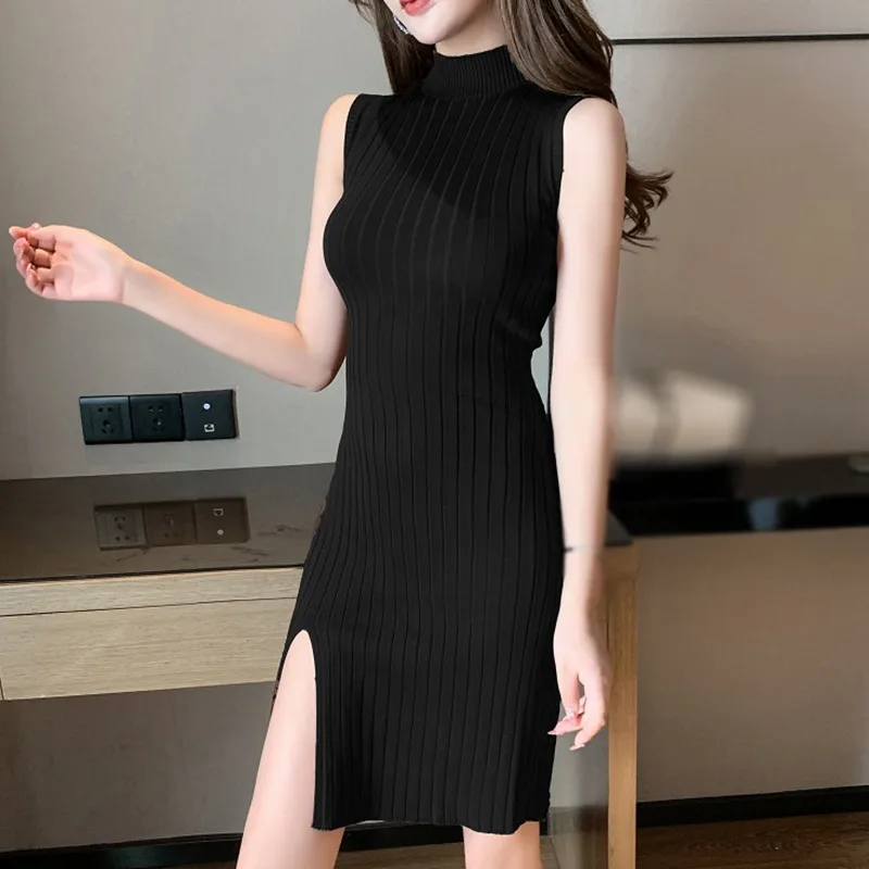 

Women's Slit Dress Knitted Half Turtleneck Sleeveless Tank Dress Sexy Slim Fit Camisole Dress Solid Color Hip Wrap Summer