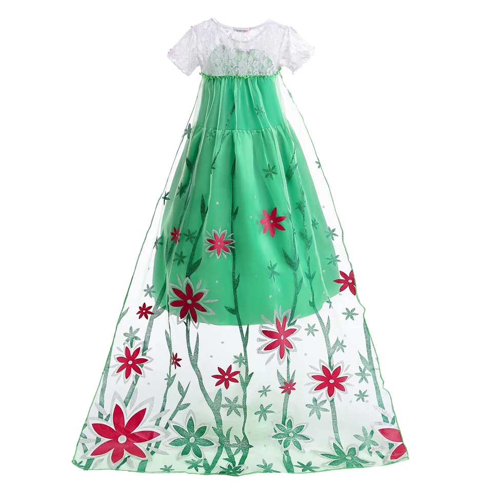 Elsa Green Dress for Kids Girl Princess Costume Dresses Children Long Cloak Floral Lace Ball Gown Summer