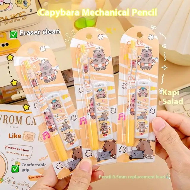 Cute Cartoon Capybara Automatic Pencil Boxed With Eraser Creative Kapibala Automatic Pencil Set Student Stationery Gifts 3