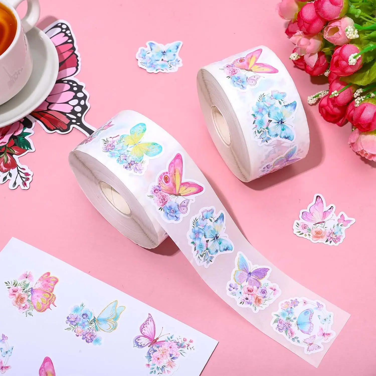 500pcs 나비 꽃 스티커 롤 8 디자인 다채로운 나비 데칼 장식 꽃 귀여운 스티커 파티 호의 장식