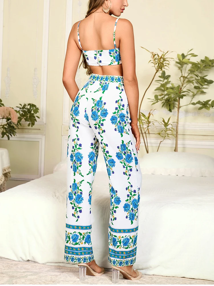 HTZMO Summer Floral Two Peice Set Women Sexy Spaghetti Strap Top & Wide Leg Pants Sets Fashion Holiday Beach Females Print suit