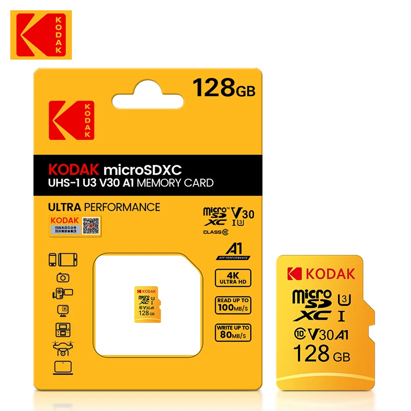 KODAK 마이크로 SD 카드 메모리 카드 클래스 10, 128GB, 4K, 고속 플래시 메모리, TF 메카드 C10