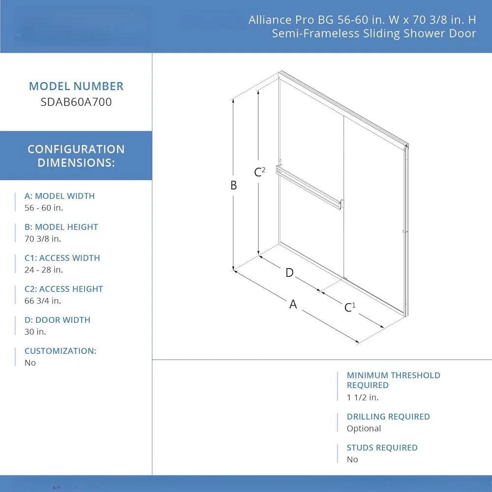 56-60 in W X 70 3/8 in. H Semi-Frameless Sliding Shower Door in Brushed Nickel and Clear Glass with 5mm Glass 6
