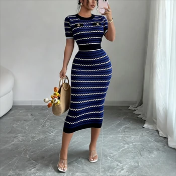 Women's Blue Geometric Striped Crew Neck Sundress Short Sleeve Stretchy Ribbed Knit Bodycon Long Dress Summer Party Maxi Dress 1