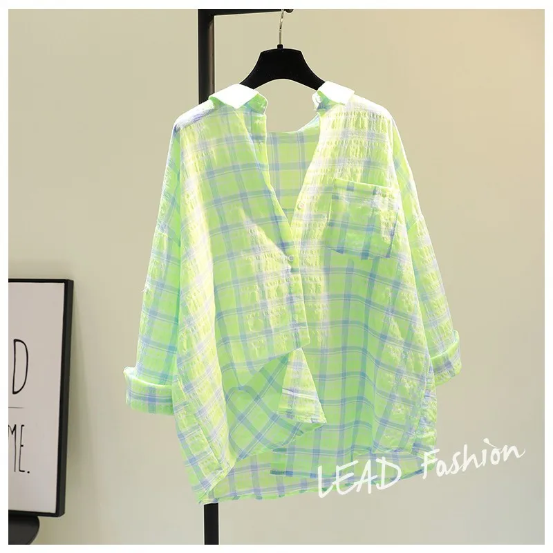 Single pocket cotton linen plaid shirt for women's summer new sunscreen shirt Korean version loose casual top orange