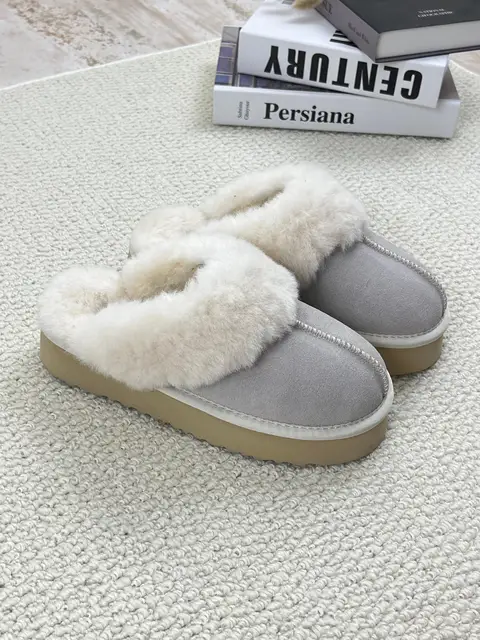Luxurious Women's Fur-Lined Suede Slippers - Chunky Sole, Ultra-Comfort Warm Indoor Home Shoes