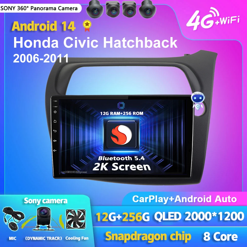 

Android 14 Carplay Auto 2K Screen Car Radio Multimedia Player For Honda Civic Hatchback 2006-2011 DSP Autoradio Stereo Head Unit