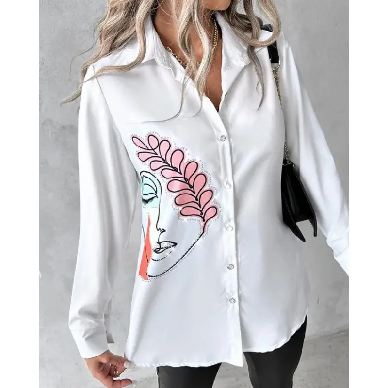 

2023 Comfortable and Loose Popular Autumn Hot Diamond Printed Long sleeved Women's Shirts Regular Women's Wear