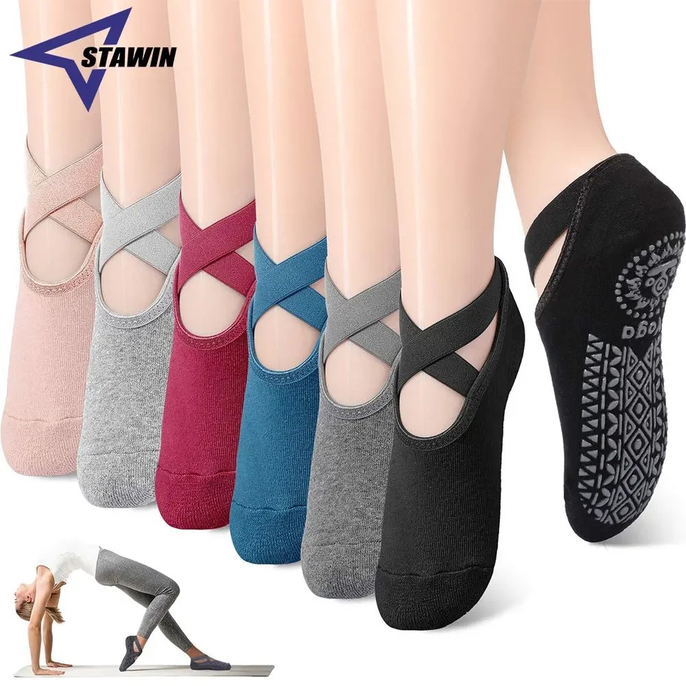 1 Pair Sports Yoga Socks for Women Girls Non-Slip Grips Straps Ideal for Pilates Pure Barre Ballet Dance Barefoot Workout