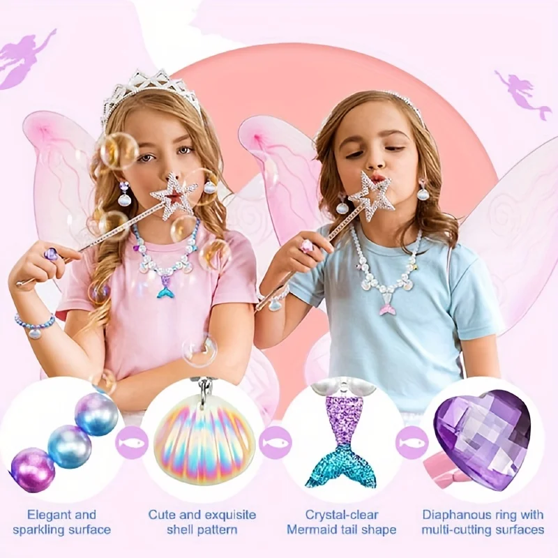 5Pcs Mermaid Jewelry Girl Dress up Toy Set Shell Necklace Bracelet Ring Earrings For Mermaid Party Costume sticker jewellery toy