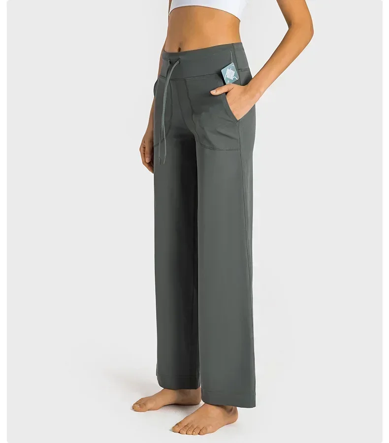 Lemon Women Throwback Still Loose Yoga Pants High Waist Drawstring Wide Leg Pants Outdoor Jogging Gym Sports Flare Trousers