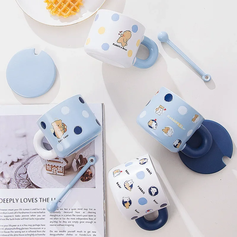 

400ml Cute Cartoon Ceramic High Beauty Rabbit Bear Dog Mark with Lid Spoon Personalized Couple Drinking Water and Breakfast Cup