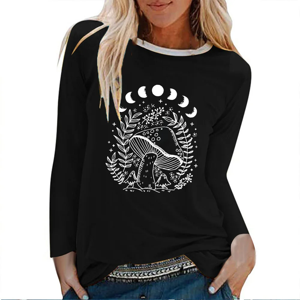 

Seeyoushy Mushroom Print Interesting Print 2023 New O-neck Long Sleeve Women T-shirt Y2K Aesthetic Women's Top Harajuku Clothing