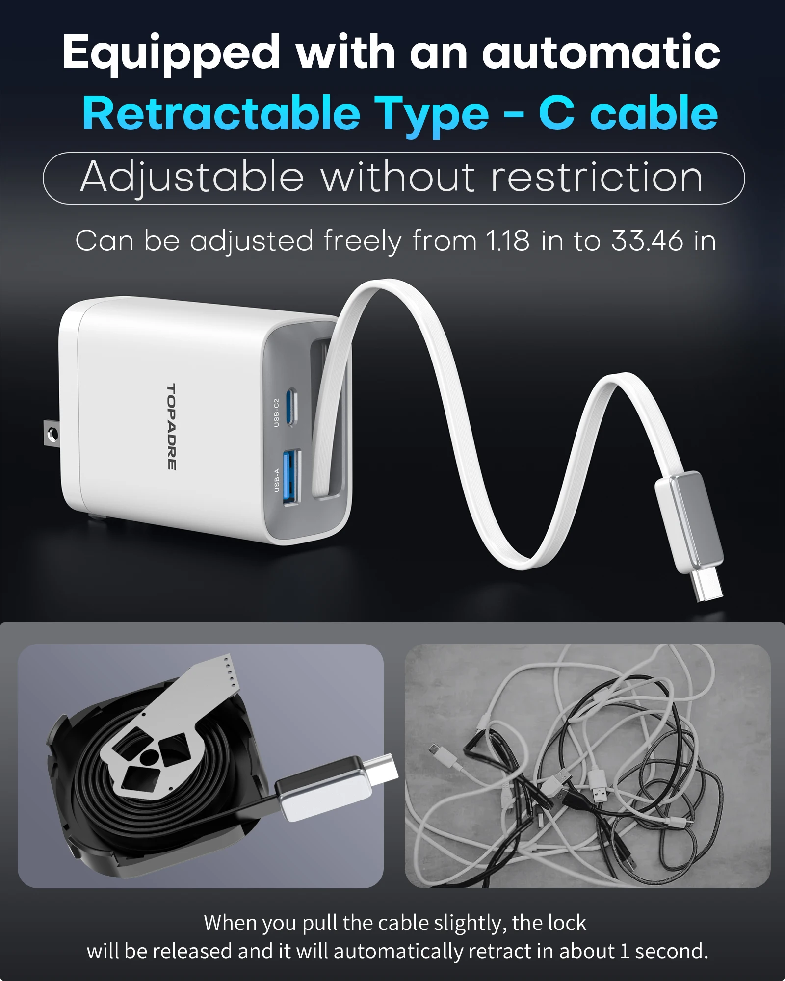 65W GaN PD3.1 Fast Charger With Retractable Cable , 3-Port Type-C + USB-A Travel Adapter For IPhone , Laptops, Galaxy Series 3