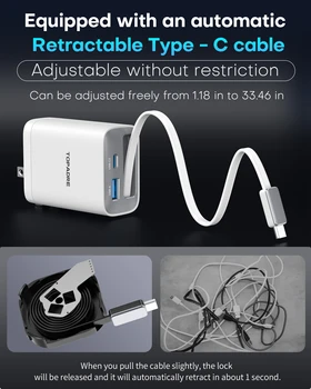 65W GaN PD3.1 Fast Charger With Retractable Cable , 3-Port Type-C + USB-A Travel Adapter For IPhone , Laptops, Galaxy Series 3