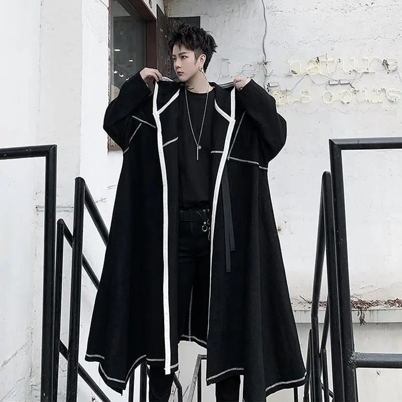 

Punk Long Coat Black Large New Windbreaker Medium And Long Coat Cloak Handsome Loose Hooded Tweed Coat Fashion And Leisur