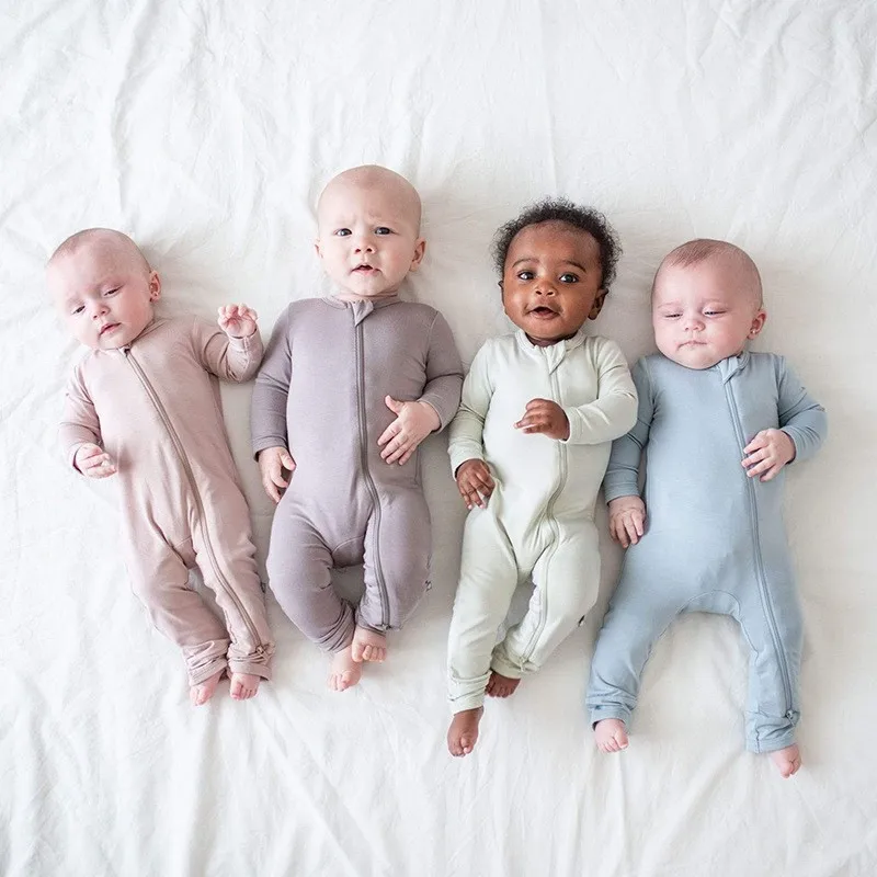

Baby bamboo fiber long sleeved open leg crawling suit BaobaoSpring and AutumnWrapped Foot Bodysuit Newborn thin solid color suit