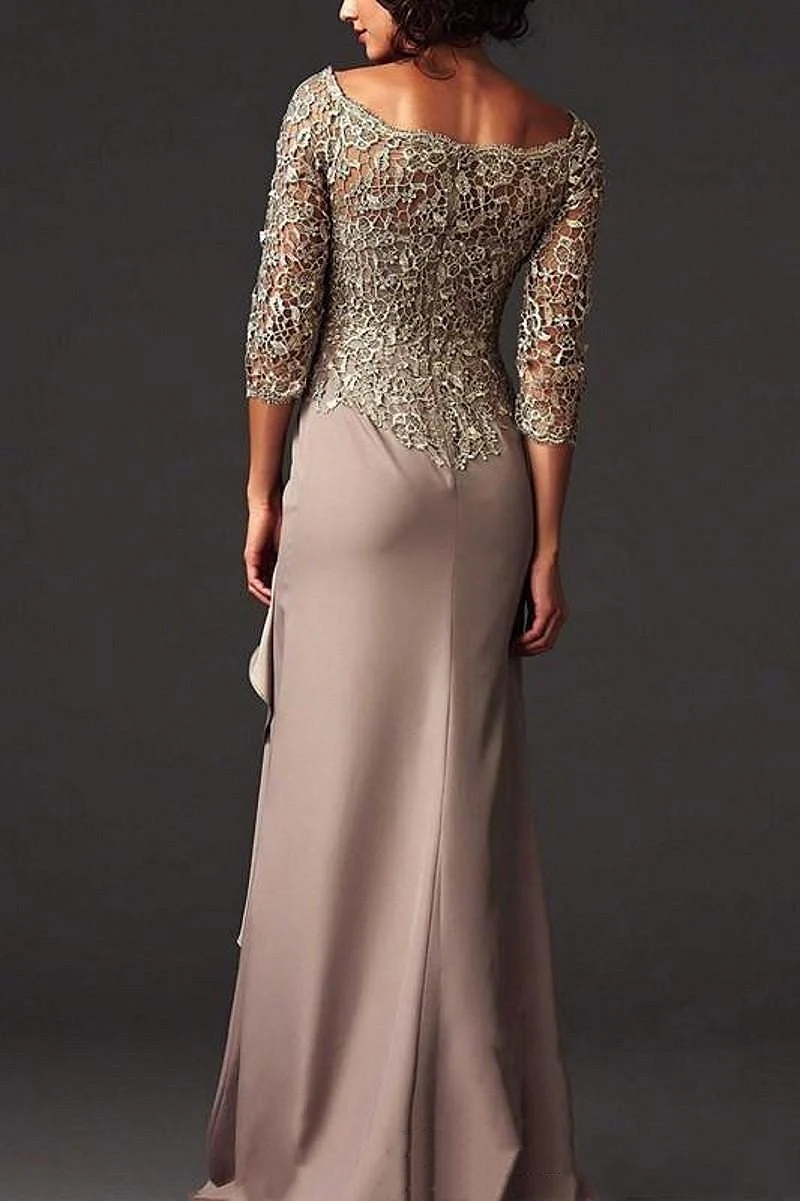 Mother Bride Dresses D10 O-Neck 3/4 Sleeve Pleat Chiffon Appliqued Lace