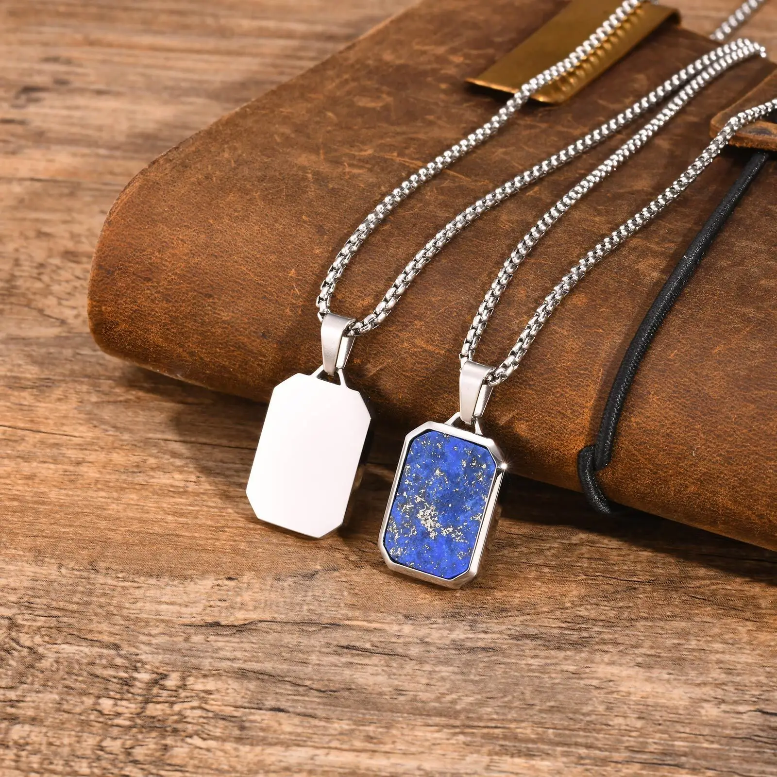 Stylish Geometric Square Necklaces for Men Boys,Blue Enamel Tiger Eye Stone Rectangle Pendant with Box Chain Collar,Male Jwelry