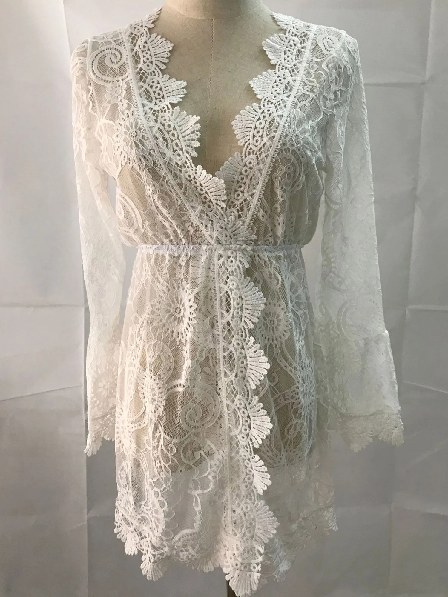 Women Beach Bikini Cover-Ups Dress Plunging V Neck Long Sleeve See Through Lace Dress Above Knee Dress Beach Holiday Dress