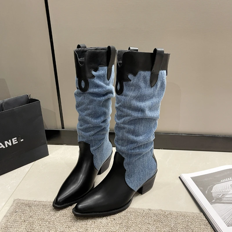 

2023 New Western Cowboy Boots for Women Autumn Winter Pointed Toe Sewing Patchwork Med Heel Long Female Shoes Ethnic Style