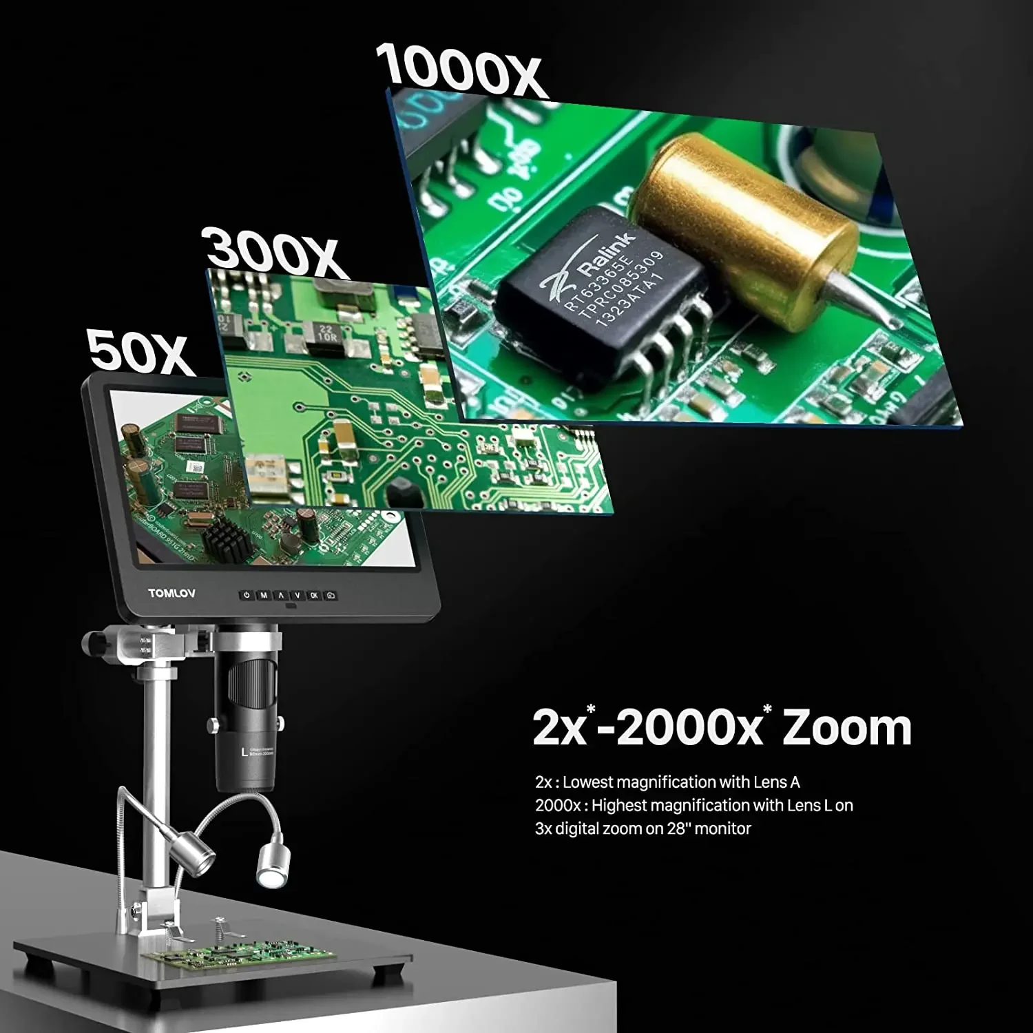 TOMLOV DM602 프로 디지털 HDMI 현미경, PCB 납땜 전화 수리용 IPS LCD, USB 현미경, 코인 뷰, 2000X 3 렌즈, 10.1 인치