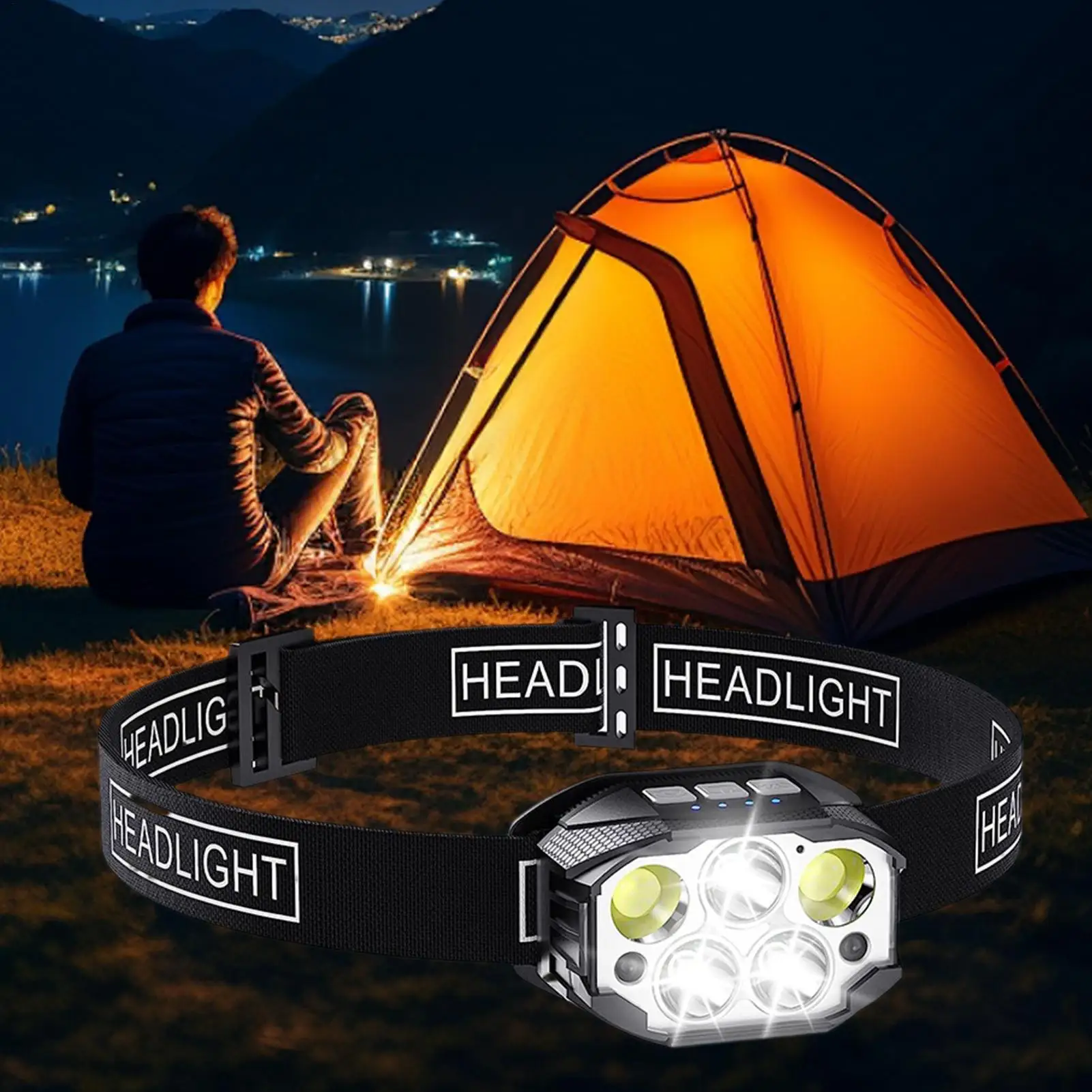 Headlamp Rechargeable 2 Pieces Outdoor Head Lamp 6 Modes LED 350 Lumen Rechargeable Motion Sensor Flashlight With Red Light For