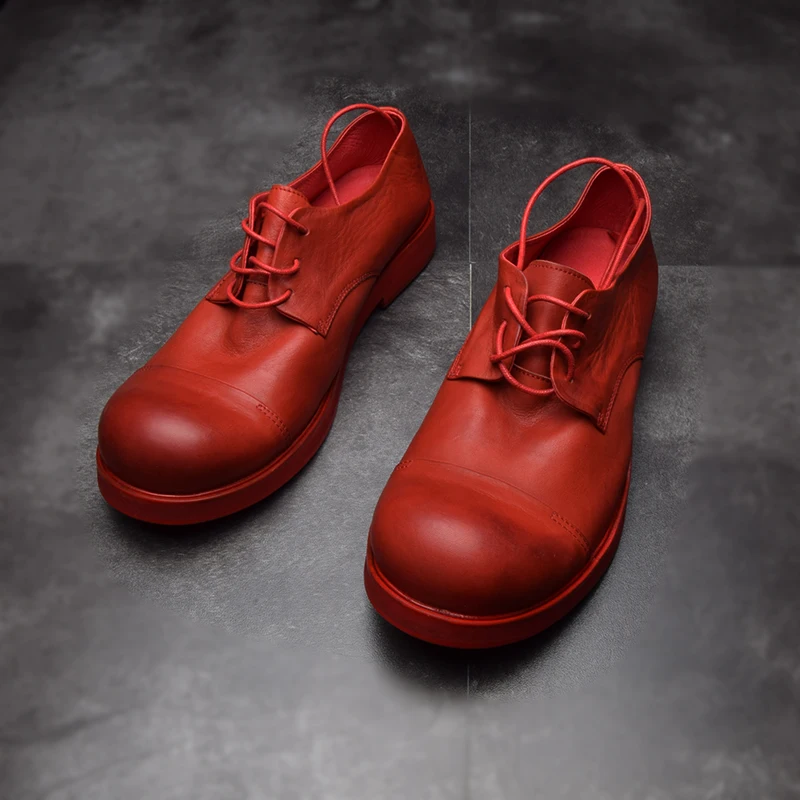 Genuine Leather Low Help Men's Big Scalp Shoes Round Head Thick Bottom Soft Real Leather Retro Shoes Men Hairdresser Designer