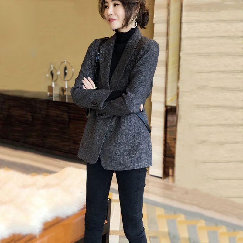 

Plaid Elegant Women's Long Sleeve Blazer Fashion All-match High Street Casual Simple Lapel Office Outwear Chic Clothing
