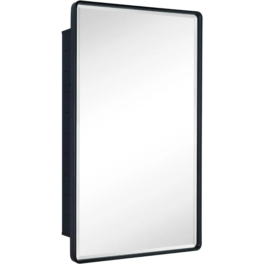 

Матовый черный встроенный шкаф для ванной комнаты с зеркалом, Круглый прямоугольный металлический шкаф для лекарств с наклонным зеркалом 24x36 дюймов