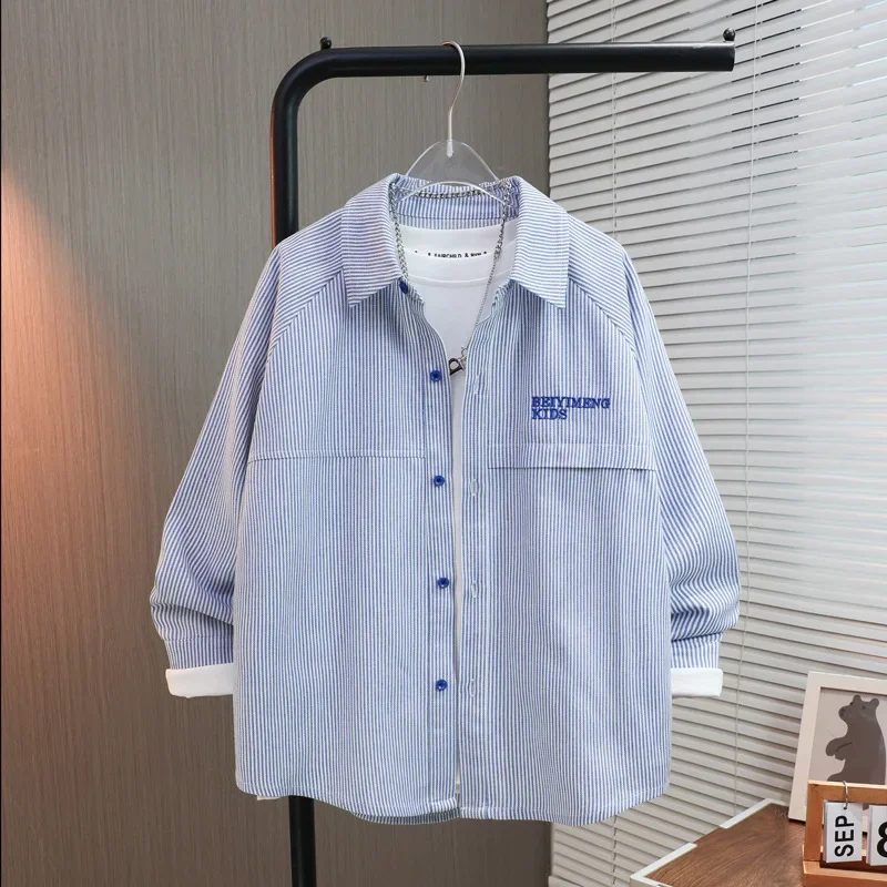 Boys Stripe Shirt Embroidered Children's Fashionable Trendy Top Middle Big Kids Korean Style Outerwear Autumn