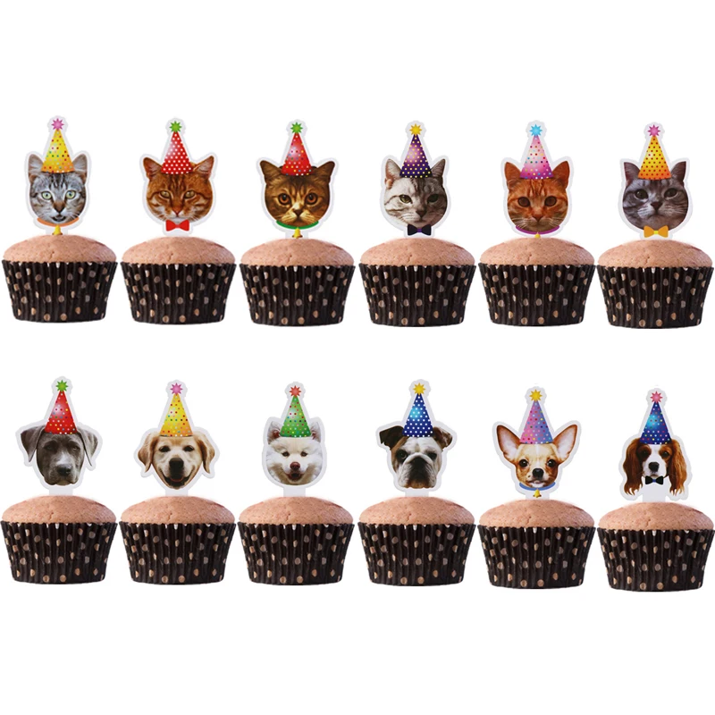 

6pcs Pet Cats Dogs Cupcake Toppers Cartoon Animals Cake Topper Pet Themed Birthday Party Decorations Kids Baby Shower Supplies