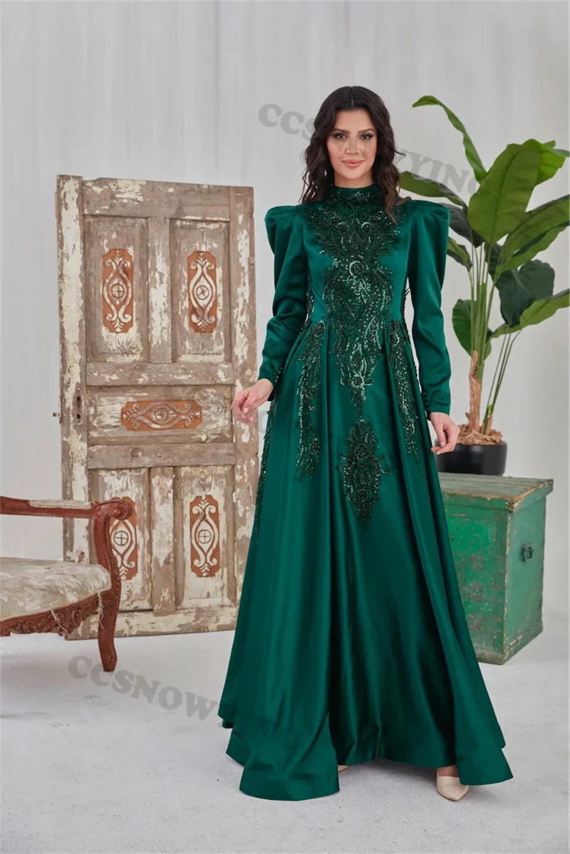 

Long Sleeve Muslim Evening Dresses Satin Appliques Beaded Hijab Islamic Formal Party Gown Women Arabic Kafatn Robe De Soiree
