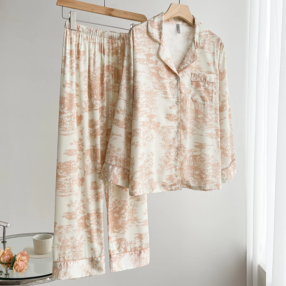 Beige Print Silk Satin Long Sleeve Pajama Set