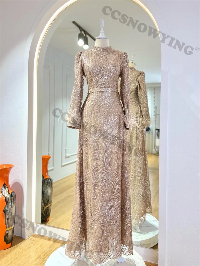 

Sparkly Sequin Muslim Evening Dresses Fashion Long Sleeve Islamic Formal Party Gowns High Neck Women Arabic Robes De Soirée