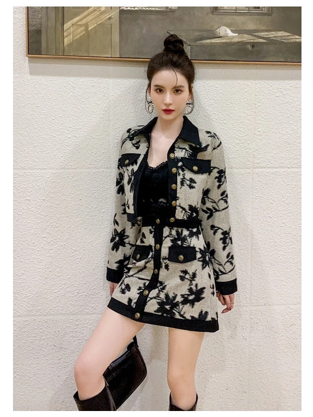 Spring Autumn New Commuting Style Skirt Suit Women's Fashion Printed Contrast Color Lapels Long-Sleeved Jacket Skirt Suit Female