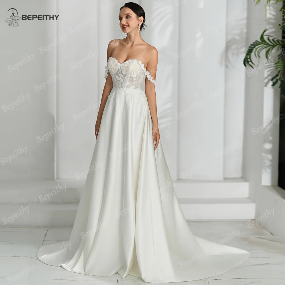 BEPEITHY Sweetheart Ivory A Line Wedding Dresses 2023 For Women Sleeveless Off Shoulder Boho Ivory Bride Satin Bridal Gown 2024