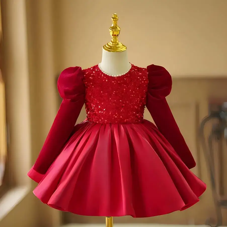 

High-End Children's Evening Gown Sequins Design Wedding Birthday Baptism Party Clothing Girls Red Christmas Dress Vestidos A3301